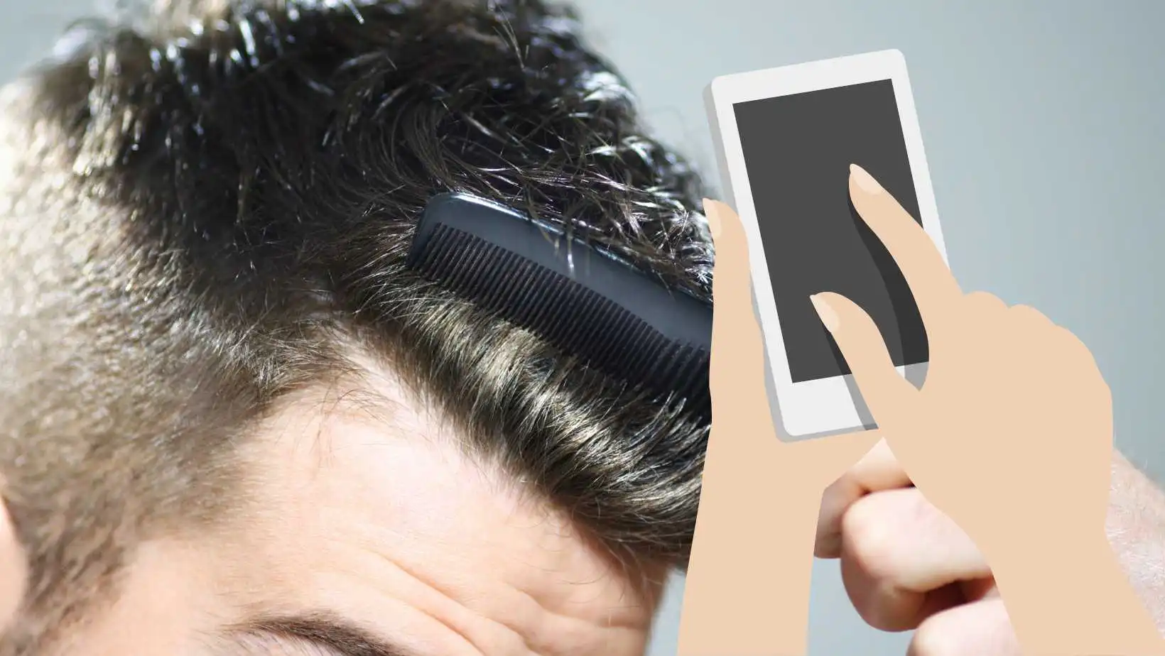 Imagem mostrando um penteado e uma mão segurando um celular para demonstrar o aplicativo que testa penteados